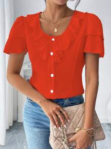 Chiquease Women's Solid Color Front Button Ruffle Trim Casual Short Sleeve Blouse - Orange - View 5