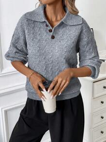 Calvaya Minimalist Polo Neck Button Down Twisted Floral Print Long Sleeve Knit Sweater