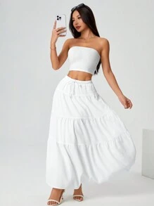 SHEIN PETITE 女士白色针织上衣+编织长裙两件套