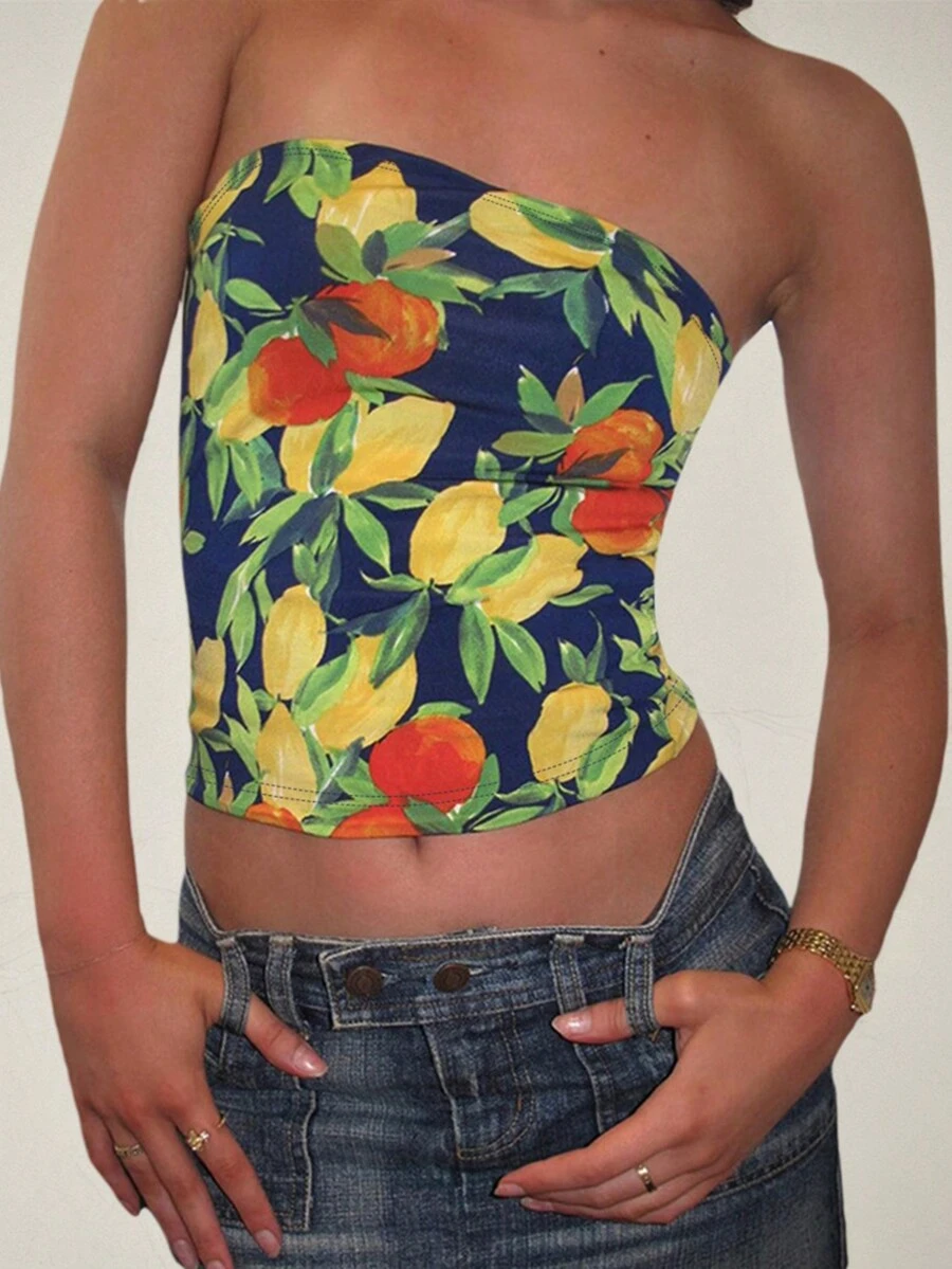 Fruit Print Sleeveless Crop Top, Summer - Yellow - View 1