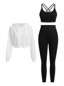 Easithlete Women's Sport Suit With Hooded Long Sleeve Top, Criss-Cross Strap Tank, & Slim Fit High Waisted Pants Outfit Tracksuits Women Set Workout Women Set Women Leggings Set - Multicolor - View 3