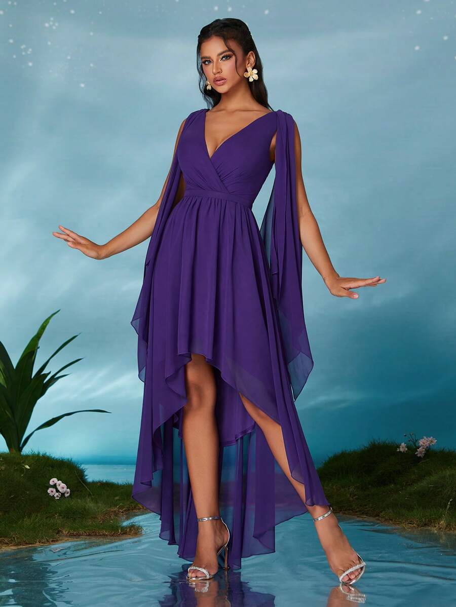 Mgiscy V领珍珠雪纺露肩喇叭袖前短后长高端晚礼服、伴娘服