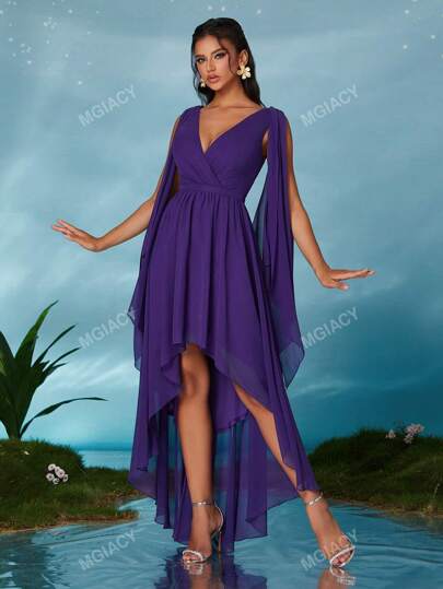 Mgiscy V-Neck Pearl Chiffon Open Shoulder Flared Sleeves Short Front Long Back High-End Evening Dress,Bridesmaid Dress