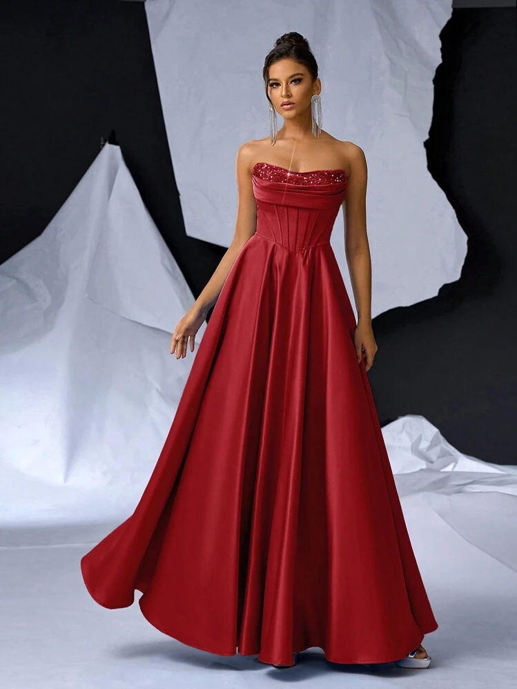 Glamrae Elegant High-End Luxurious Sexy Sequins Satin Patchwork Maxi Formal Dress Ball Gown, Prom Evening Dress, For Wedding Guest, Graduation, Dinner Party Dress - Red - View 5
