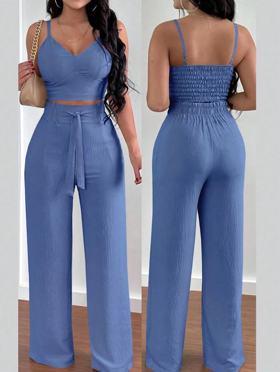 Breezaya Bộ đồ hai mảnh ngày lễ cho nữ Áo hai dây cúp ngực & Quần ống đứng lưng thun thắt nơ hở lưng - Màu xanh lam - Xem 1