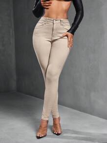 SHEIN SXY Women's Solid Color Minimalist Everyday Denim Jeans - Apricot - View 3