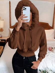 SHEIN Qutie Women's Solid Color Dropped Shoulder Long Sleeve Patchwork Fluffy Hooded Short Sweatshirt In Autumn And Winter,Long Sleeve Tops - Mocha Brown - View 4