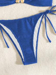 SHEIN Swim 女士金色花卉装饰简约日常抹胸上衣和下装比基尼套装，夏季泳衣 - 藍色 - 查看 8