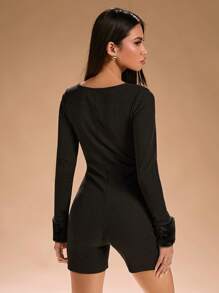 SHEIN SXY Autumn Winter Knitted High Stretchy Jumpsuit With Frayed Hem Fall Winter Women Clothing - Black - View 2