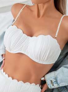 1 件装女士纯色仿珍珠装饰弧形边缘时尚比基尼上衣夏季 - 白色 - 查看 3