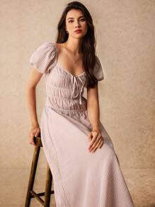 SHEIN Frenchy Vestido largo con estampado de cuadros, cordones y encaje, mangas abullonadas, escote de corazón, elegante y dulce, vestido de estilo Cottagecore, vestido Glow Mode, vestido de otoño, vestido elegante, vestido estilo Bridgerton, ropa bohemia de mujer - Caqui - Ver 1