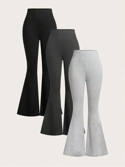 SHEIN EZwear 3 piezas Traje de pantalones acampanados de cintura alta de unicolor para mujer, adecuado para verano y otoño