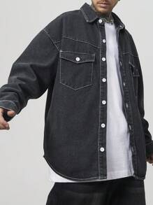 Manfinity EMRG Men's Washed Gray Denim Contrast Trim Loose Casual Raglan Baggy Shirt - Dark Grey - View 3