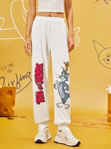 TOM & JERRY X SHEIN Women's Casual Cartoon & Letter Print Elastic Waist Jogger Sweatpants FALL Trousers White - White - View 8