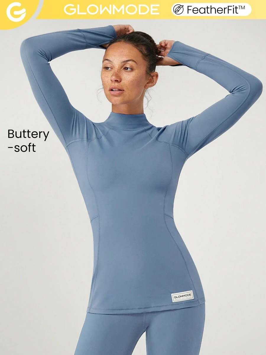 GLOWMODE FeatherFit™ Hochkragiges, figurformendes, langärmeliges Oberteil mit Daumenöffnungen für geringen Halt, für Yoga und den Alltag