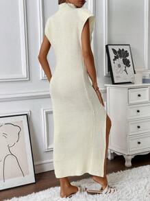 Chiquease Sleeveless High Neck Split Shoulder Sweater Dress - Apricot - View 2