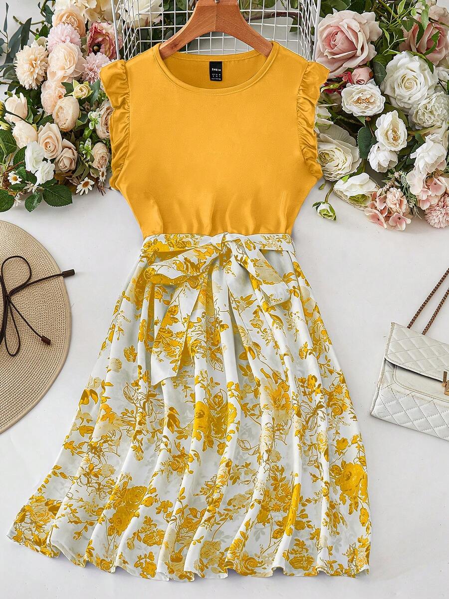 Breezaya 女士碎花印花休闲宽松船领荷叶袖连衣裙 - 黃色 - 查看 1