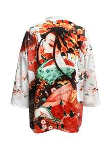 Women Floral Print Splicing Mid-Long Sleeve Kimono Jacket - Multicolor - View 2