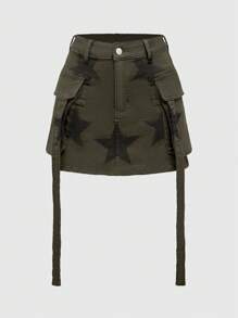 ROMWE Grunge Punk Túi màu trơn có nút phía trước và váy ngắn in hình ngôi sao Falbala denim dành cho nữ - xanh quân đội - Xem 1