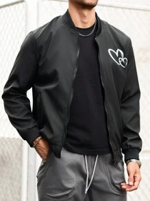 Manfinity Homme Chaqueta de béisbol de manga larga con estampado de corazón para hombres, para primavera/otoño