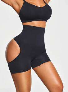 SHAPORA Pantalones cortos de control de figura con cintura alta y diseño calado de unicolor para mujer - Negro - Ver 6