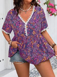 Flirla Blusa de manga corta de talla grande con estampado todo sobre, patchwork de encaje y ribete de concha, casual de todos los días - Morado - Ver 4