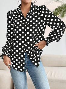 EMERY ROSE Camisa Feminina Elegante de Manga Longa com Decote V Profundo e Estampa de Bolinhas, Modelo Slim Fit - Preto e Branco - Visão 3