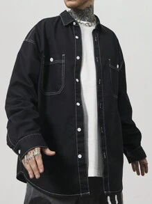 GALLERY FADE 男式黑色水洗牛仔撞色修边宽松落肩宽松衬衫 - 黑色 - 查看 6