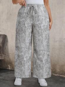 SHEIN LUNE Plus Size Tie-Dye Casual Wide Leg Pants - Light Grey - View 4