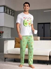 CoupledUp Men Avocado Print Short Sleeve Pajama Set - Green - View 5