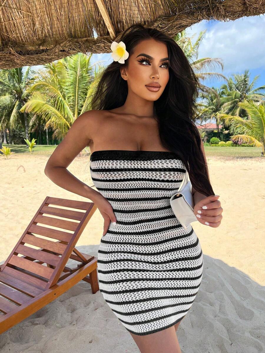 Zolique Women Contrast Stripe Simple Daily Knitted Tube Dress - Black and White - View 1