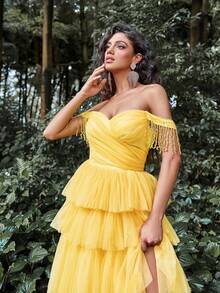 Faeriesty Fringed Trim Off Shoulder Ruched Bustie Prom Dress - Yellow - View 7