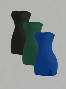 SHEIN Unity Women Summer Solid Open Slit Fitted Tube Mini Dress - Multicolor - View 1