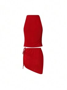 INAWLY 2pcs/Set Women Pleated Fitted Tank Top And Graceful Skirt Outfit