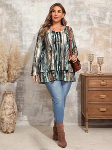 EMERY ROSE Plus Size Women's Fall Polka Dot Print Crew Neck Long Sleeve Ruffled Hem Blouse - Green - View 4