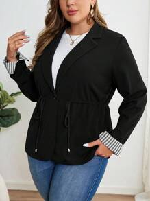 EMERY ROSE Plus Size Casual Drawstring Waist Stand Collar Striped Cuff Blazer Jacket, Fall Clothes - Black and White - View 3