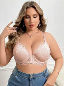 大码前扣式蕾丝边钢圈文胸 - 杏色 - 查看 7