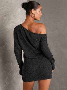 SHEIN BAE 女士春秋灰色仿羊绒露肩不对称领长袖修身时尚连衣裙、寒冷天气服装、冬季女装、优雅连衣裙、节日连衣裙、圣诞派对连衣裙、新年前夜连衣裙