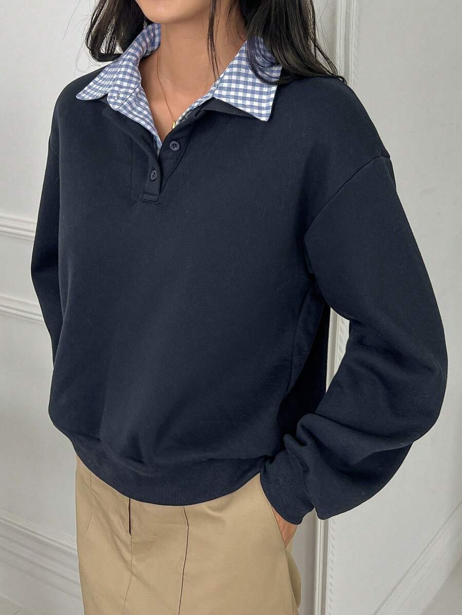 Dazy-Less 女士休闲格子拼接长袖卫衣，复古风格长袖上衣，秋季商务休闲女装 - 藏蓝色 - 查看 1