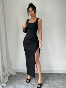 Chiquease Women's Summer Side Drawstring High Slit Knit Bodycon Dress Maxi Women Outfit - Black - View 5