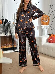 万圣节主题骷髅和南瓜印花仿丝睡衣套装 - 黑色 - 查看 1
