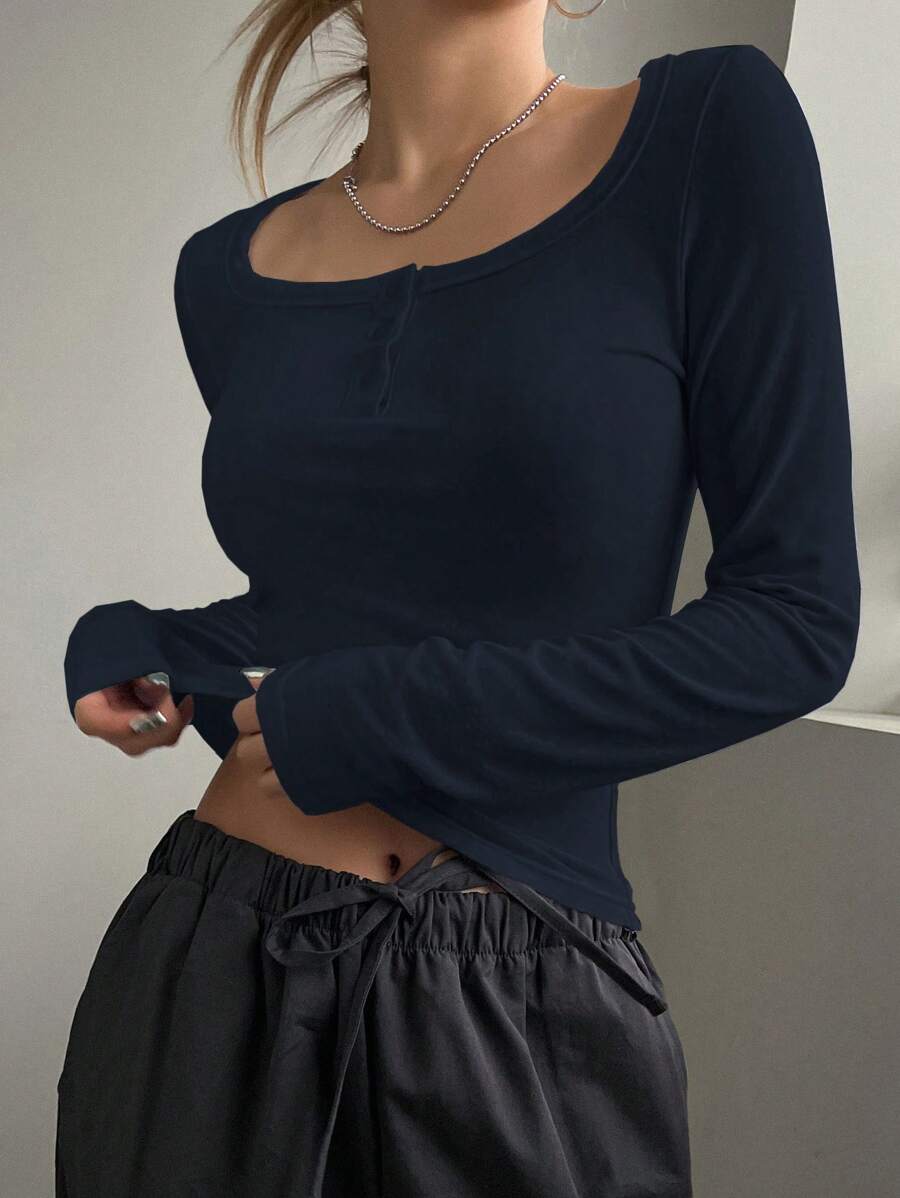 DAZY 纯色长袖修身高领半拉链 T 恤 - 藏蓝色 - 查看 1