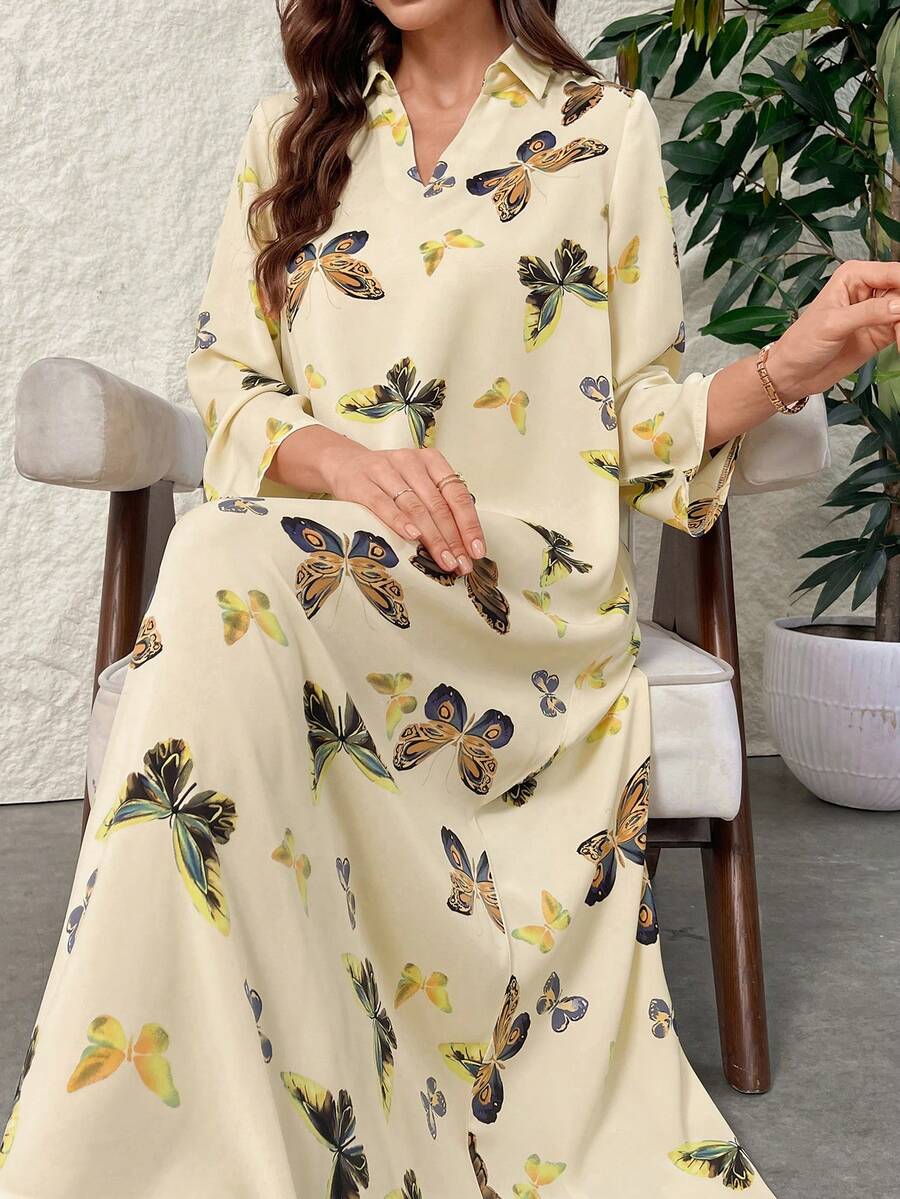 Al Najma 女士蝴蝶印花长袖阿拉伯连衣裙，朴素优雅的风格，适合日常休闲/旅游/度假/休假/聚会 - 彩色 - 查看 1
