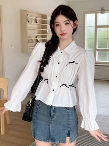 DAZY Women's Turndown Collar Front Button Butterfly Decor Simple Casual Shirt,Ruffle - White - View 7