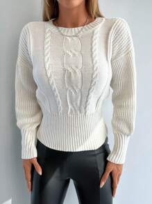 EURMUSE Cable Knit Drop Shoulder Sweater - trắng - Xem 3
