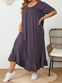 Mulvari Großgrößenkleid mit Rundhalsausschnitt, kurzen Ärmeln, Raffungen und lässigem, elegantem Stil, Maxikleid für Damen - Grauviolett - Übersicht 4