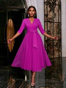 Faeriesty Elegant Surplice Neck Belted Cocktail Dress Midi Dress Party Dress Wedding Guest Dress Formal Dress Evening Dress,Gown - Hot Pink - View 6