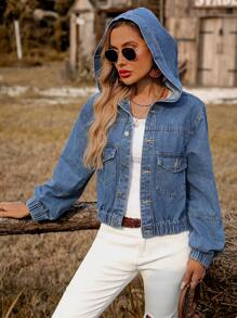 SHEIN LUNE Women's Spring & Fall Long Sleeve Hooded Denim Jacket With Pockets - Blue - View 5