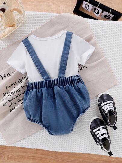 SHEIN Vintaside Kids 男婴背带连体衣+白色短袖衬衫套装