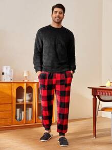 Manfinity Underwear&Sleepwear Basics 男士格子印花蓬松家居裤，秋冬款，舒适保暖 - 彩色 - 查看 3